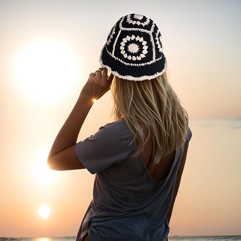 Crochet Bucket Hat Women, Knitted Bucket Hat Floral Knitted Hat, Crochet Hat for Black Women Fashion Outdoor in Kuwait