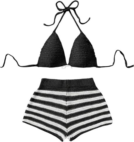 MakeMeChic Women's Two Piece Cover Up Outfit Crochet Halter Tie Backless Bikini Top and Striped Shorts Set in Saudi Arabia