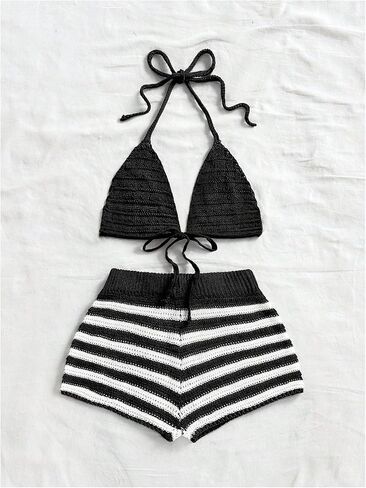 MakeMeChic Women's Two Piece Cover Up Outfit Crochet Halter Tie Backless Bikini Top and Striped Shorts Set in Saudi Arabia