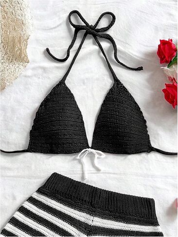 MakeMeChic Women's Two Piece Cover Up Outfit Crochet Halter Tie Backless Bikini Top and Striped Shorts Set in Saudi Arabia