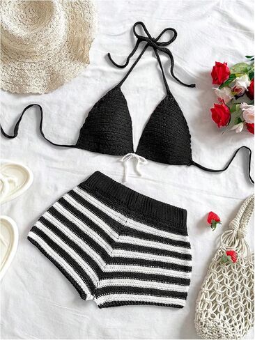 MakeMeChic Women's Two Piece Cover Up Outfit Crochet Halter Tie Backless Bikini Top and Striped Shorts Set in Saudi Arabia
