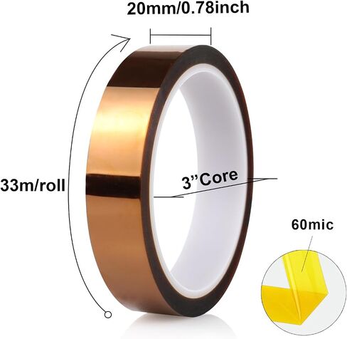 Bomi Pack Polyimide Tape مقاوم للدرجات الحرارة العالية ، لا يوجد شريط مقاوم للحرارة لمهمة كهربائية ، طباعة ثلاثية الأبعاد ، لحام ، تسامي ، تقنيع (4 ، 33 مترًا) in Saudi Arabia