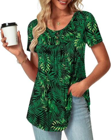 POPYOUNG Summer Womens Tunic Tops Loose Fit dressy Casual Short Sleeve Shirts to wear with Leggings in Kuwait