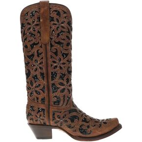 CORRAL LADIE'S TAN/BLACK INLAY & EMBROIDERY & STUDS, SNIP TOE, LEATHER SOLE, WESTERN, A4083 in Saudi Arabia