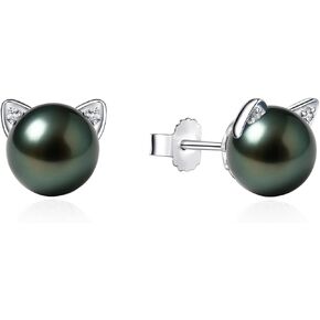 Tahitian Black Pearl Earrings, 9-10mm AAA Handpicked Natural Black Pearl Stud Earrings with D Color Moissanite & 18K White Gold Plated Sterling Silver, Luxury Gifts for Women, Mother, Girlfriend, Anniversary, Birthday, Valentines, Mothers Day in Saudi Arabia