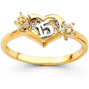 14k Yellow OR White Gold SOLID Sweet 15 Years Birthday CZ Heart Quinceanera Ring in Kuwait