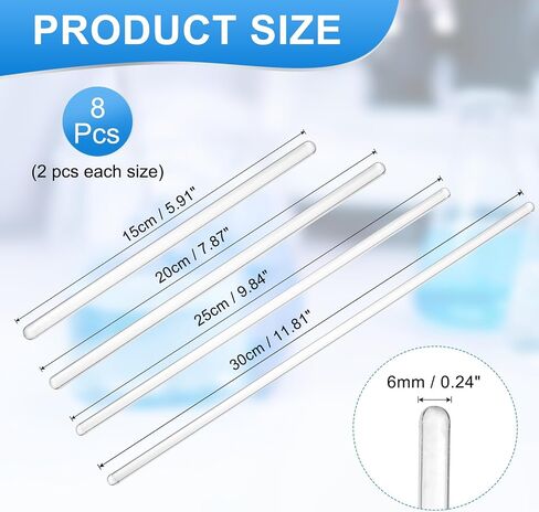 Patikil 8 PCS High Borosilecate Glass Stick ، ​​5.9-11.8 "طول قضبان ضيعة 6 مم مع كلا الطرفين أدوات خلط مستديرة لعلوم مطبخ مختبر مشاريع DIY ، واضحة in Kuwait