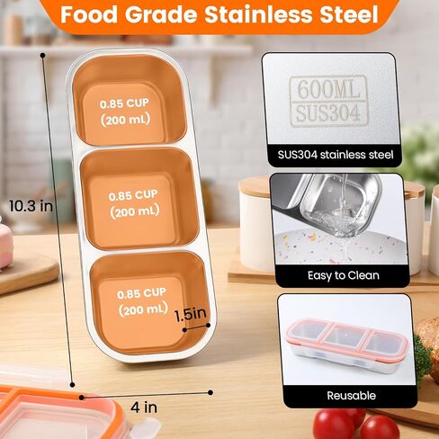 Stainless Steel Snack Containers with Lids, Reusable Condiment Box, 3 Compartment Sauce Cups for Home, Travel in Kuwait