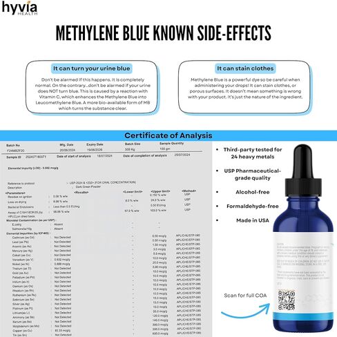 Methylene Blue 1% USP Pharmaceutical Grade For Humans - 99.99% Purity - Third-Party Tested, ISO-Certified, Formaldehyde & Alcohol Free Liquid Drops - 50mL (1.69oz) with Dropper | USA Made in Kuwait