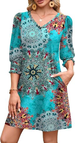 WIHOLL Women's Summer Dresses 3/4 Puff Sleeve Casual Sundress Dress with Pockets Beach Vacation 2025 Fashion in Saudi Arabia