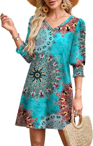 WIHOLL Women's Summer Dresses 3/4 Puff Sleeve Casual Sundress Dress with Pockets Beach Vacation 2025 Fashion in Saudi Arabia