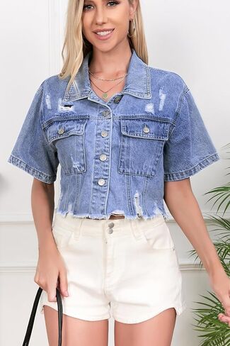 سترة جان قصيرة من الأكمام للنساء المحصورين بالإضافة إلى الحجم ، معطف جينات من الدنيم المعززة مع تنحنح متوترة in Kuwait