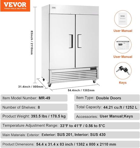 ثلاجة تجارية Vevor 44.21 cu.ft ، وصول في 54.4 "W أبواب ثلاجة مستقيمة 2 ، ثلاجة من الفولاذ المقاوم للصدأ التلقائي مع 8 أرفف ، 33 إلى 41 ℉ التحكم في درجة الحرارة ، مصباح LED ، 4 عجلات in Saudi Arabia
