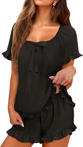 KFUBUO Womens Pajamas Set 2 Piece Ruffle Pj Soft Short Sleeve Tops and Shorts Sleepwear Set Cute Pajama Sets for Women in Kuwait