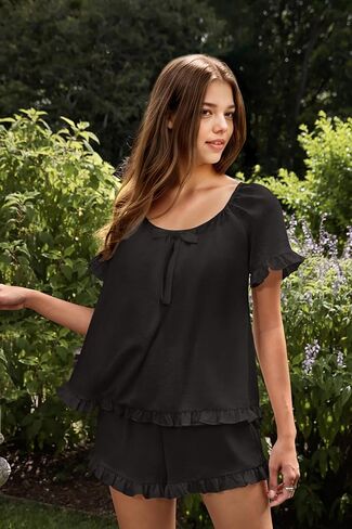 KFUBUO Womens Pajamas Set 2 Piece Ruffle Pj Soft Short Sleeve Tops and Shorts Sleepwear Set Cute Pajama Sets for Women in Kuwait