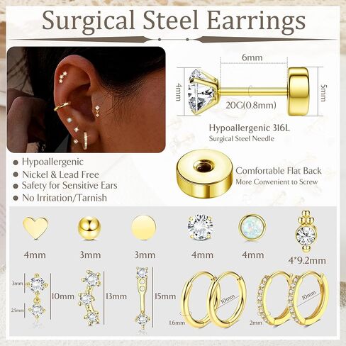 أقراط Loyallook Hypoallergenic المسطحة للنساء العصرية 20G جراحية أقراط الفولاذ المقاوم للصدأ الجراحية in Saudi Arabia
