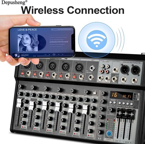 Depusheng Professional Audio Mixer, 7 Channel Audio Interface Sound Board Mixing Console System, 16-Bit DSP DJ Bluetooth Mixer +48V Phantom Effect For Karaoke Studio Streaming Recording (XT7) in Kuwait