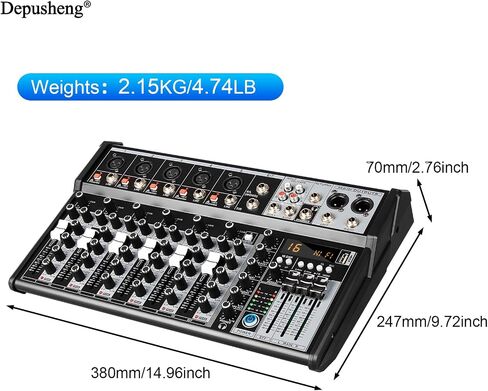 Depusheng Professional Audio Mixer, 7 Channel Audio Interface Sound Board Mixing Console System, 16-Bit DSP DJ Bluetooth Mixer +48V Phantom Effect For Karaoke Studio Streaming Recording (XT7) in Kuwait