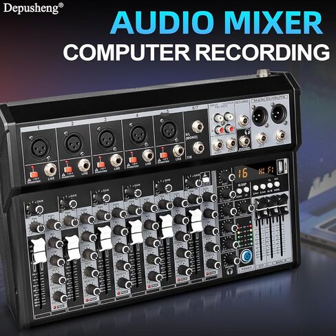 Depusheng Professional Audio Mixer, 7 Channel Audio Interface Sound Board Mixing Console System, 16-Bit DSP DJ Bluetooth Mixer +48V Phantom Effect For Karaoke Studio Streaming Recording (XT7) in Kuwait