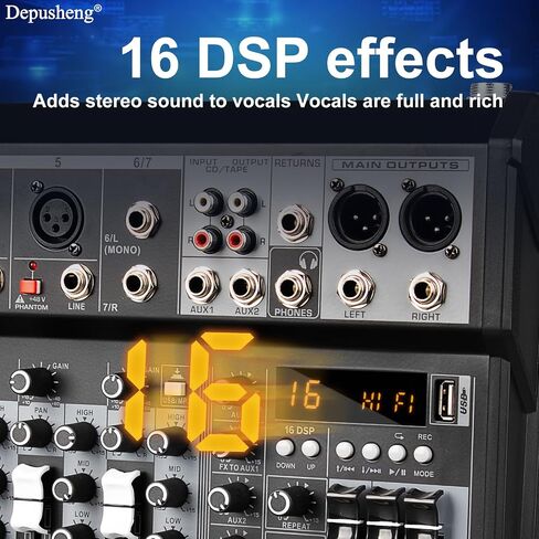 Depusheng Professional Audio Mixer, 7 Channel Audio Interface Sound Board Mixing Console System, 16-Bit DSP DJ Bluetooth Mixer +48V Phantom Effect For Karaoke Studio Streaming Recording (XT7) in Kuwait