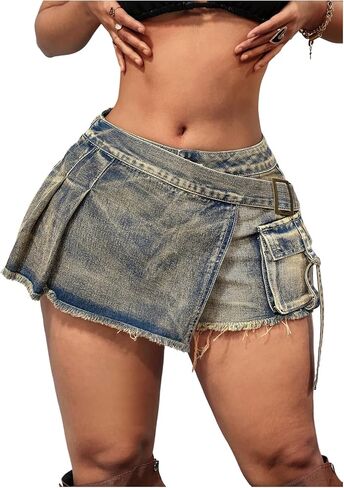 Floerns Women's Asymmetrical Distressed Denim Skort Low Rise Y2K Mini Jean Shorts in Kuwait