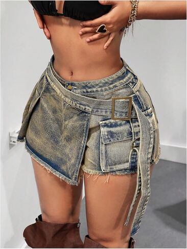 Floerns Women's Asymmetrical Distressed Denim Skort Low Rise Y2K Mini Jean Shorts in Kuwait