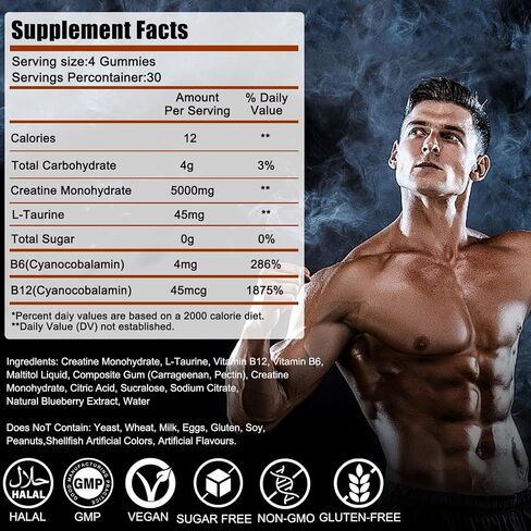 الكرياتين أحادي الهيدرات Gummies 5000mg لنمو العضلات ، ودعم القوة والطاقة ، وخالية من السكر ، وصمغ ما قبل التمرين مع L-taurine ، وفيتامين B6 وفيتامين B12 للرجال والنساء -20 غامميين ، محمولة وقابلة للمضغ in Saudi Arabia