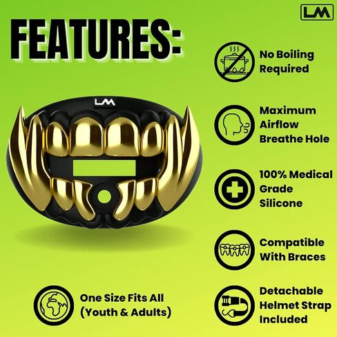 Loudmouth Football Mouth Guard - 3D Chrome Beast Football Liece ، تناسب البالغين والشباب الذين تتراوح أعمارهم بين 5 سنوات ، واقي الفم (Beast 3D - Chrome Black/Gold) in Kuwait