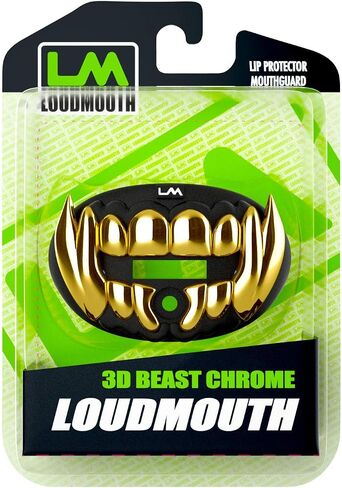 Loudmouth Football Mouth Guard - 3D Chrome Beast Football Liece ، تناسب البالغين والشباب الذين تتراوح أعمارهم بين 5 سنوات ، واقي الفم (Beast 3D - Chrome Black/Gold) in Kuwait