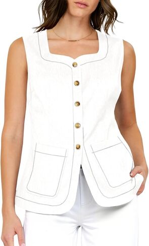Tankaneo Womens Square Neck Denim Vest Button Downless Jean Weistcoat Summer Jean Tops مع جيوب in Kuwait