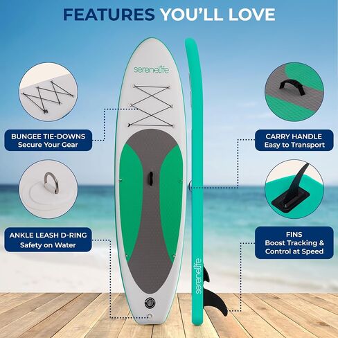 Serenelife Ultra Light Light Desplatable Stand Up Paddle مع ملحقات SUP متميزة - تصميم مستقر واسع للغاية مع لوحة سطح السفينة غير القاتمة للشباب والبالغين من جميع مستويات المهارة - 275 رطل السعة in Saudi Arabia