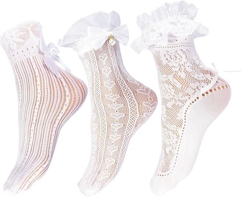 Winterlace Womens Frilly Ruffle Ankle Socks, 3 Pairs Lace Cute Bows Bobby Fashion Dress Sock in Saudi Arabia
