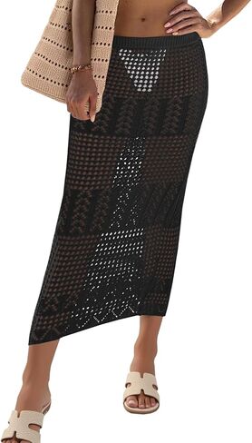 Fisoew Womens Crochet Skirt Cover Up High Waist Sheer Mesh Beach Maxi Skirts Hollow Out Knit Swimsuit Coverups in Saudi Arabia