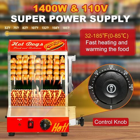 75QT Hot Dog Steamer, 2-Tier Stainless Steel Hot Dog Hut Steamer with Bun Warmer, Electric Hot Dog Bun Steamer with Sliding Door and Clip, Hold 350 Hotdogs and 80 Buns, 32℉-185℉ Temp Control, 1400W in Saudi Arabia