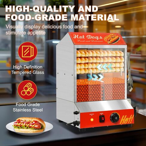 75QT Hot Dog Steamer, 2-Tier Stainless Steel Hot Dog Hut Steamer with Bun Warmer, Electric Hot Dog Bun Steamer with Sliding Door and Clip, Hold 350 Hotdogs and 80 Buns, 32℉-185℉ Temp Control, 1400W in Saudi Arabia
