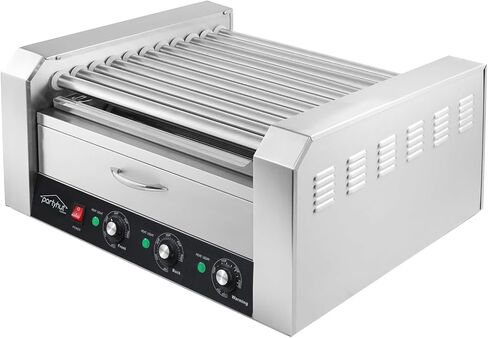 30 Hot Dog Roller Warmer Grill Machine ، درجة تجارية ، (مع درج دافئ ، و 11 بكرات غير لاصقة ، و 30 طباخ شواء السجق السجق ، وعلاج القطر القابل للإزالة من الفولاذ المقاوم للصدأ) in Kuwait
