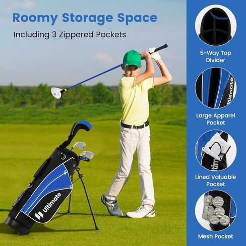 Tangkula Junior Golf Club Set for Children Right Hand, Includes #3 Fairway Wood & #7/#9 Irons, Putter, Head Cover & Rain Hood, Golf Stand Bag, Perfect for Children, Kids in Saudi Arabia