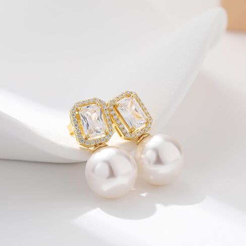 Jiamiaoi Pearl Diamond Earrings 925 Sterling Silver Pearl Earrings Big Fresh Water Pearl Stud Earrings with Cubic Zirconia Pearl Studs White/Gray Pearl Earrings Stud, Come with Gift Box in Kuwait