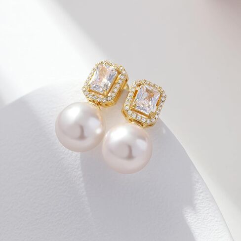 Jiamiaoi Pearl Diamond Earrings 925 Sterling Silver Pearl Earrings Big Fresh Water Pearl Stud Earrings with Cubic Zirconia Pearl Studs White/Gray Pearl Earrings Stud, Come with Gift Box in Kuwait