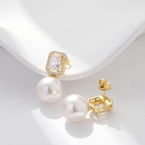 Jiamiaoi Pearl Diamond Earrings 925 Sterling Silver Pearl Earrings Big Fresh Water Pearl Stud Earrings with Cubic Zirconia Pearl Studs White/Gray Pearl Earrings Stud, Come with Gift Box in Kuwait