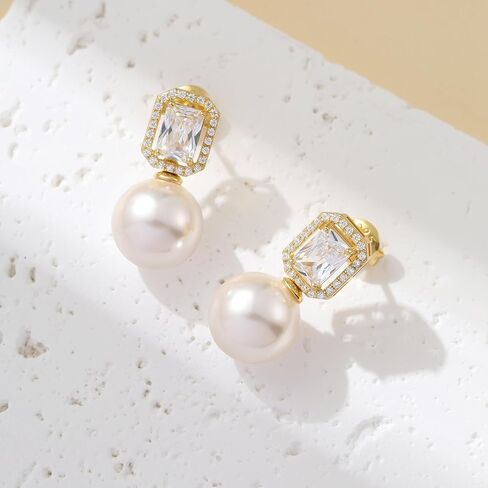 Jiamiaoi Pearl Diamond Earrings 925 Sterling Silver Pearl Earrings Big Fresh Water Pearl Stud Earrings with Cubic Zirconia Pearl Studs White/Gray Pearl Earrings Stud, Come with Gift Box in Kuwait