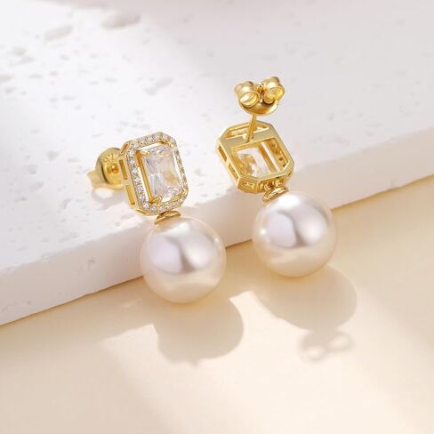 Jiamiaoi Pearl Diamond Earrings 925 Sterling Silver Pearl Earrings Big Fresh Water Pearl Stud Earrings with Cubic Zirconia Pearl Studs White/Gray Pearl Earrings Stud, Come with Gift Box in Kuwait