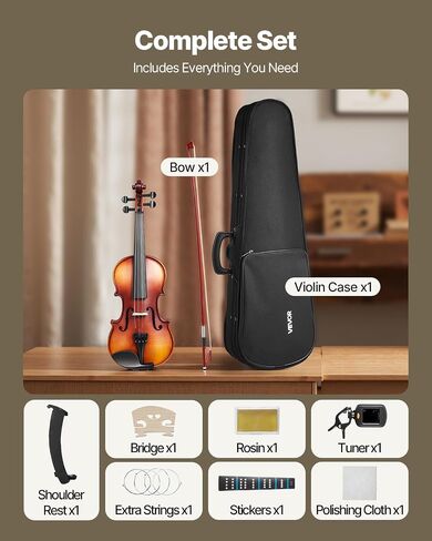 Vevor Violin 4/4 الحجم الكامل للبالغين ، كمان كمان من الكمان الطالب المبتدئين مع حالة صعبة ، روزن ، القوس ، الراحة في الكتف ، الجسر ، الأوتار الإضافية ، أداة الخشب الصلبة المهنية (بني لامع) in Saudi Arabia
