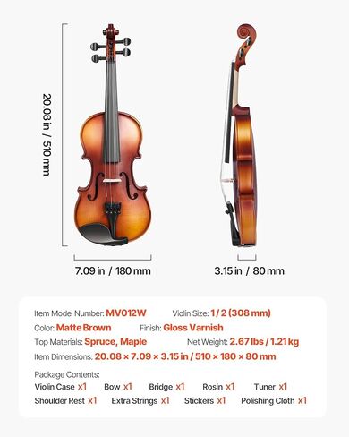 Vevor Violin 4/4 الحجم الكامل للبالغين ، كمان كمان من الكمان الطالب المبتدئين مع حالة صعبة ، روزن ، القوس ، الراحة في الكتف ، الجسر ، الأوتار الإضافية ، أداة الخشب الصلبة المهنية (بني لامع) in Saudi Arabia