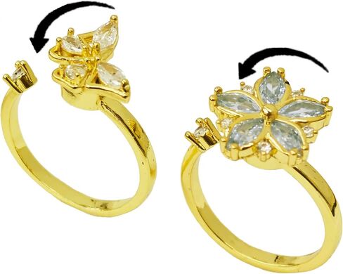 Anti-Anxiety Fidget Spinner Rings, 2PCS 18K Gold Plated Copper CZ Couple Matching Promise Rings, Blue Butterfly and Light Pink Cherry Blossom Shapes, Adjustable Opening in Saudi Arabia