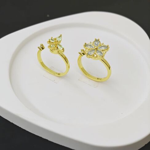 Anti-Anxiety Fidget Spinner Rings, 2PCS 18K Gold Plated Copper CZ Couple Matching Promise Rings, Blue Butterfly and Light Pink Cherry Blossom Shapes, Adjustable Opening in Saudi Arabia