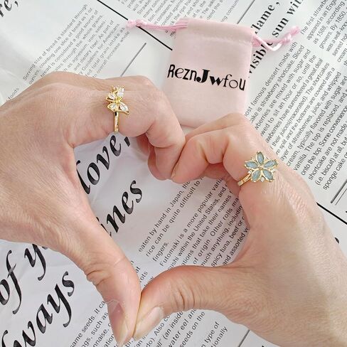 Anti-Anxiety Fidget Spinner Rings, 2PCS 18K Gold Plated Copper CZ Couple Matching Promise Rings, Blue Butterfly and Light Pink Cherry Blossom Shapes, Adjustable Opening in Saudi Arabia