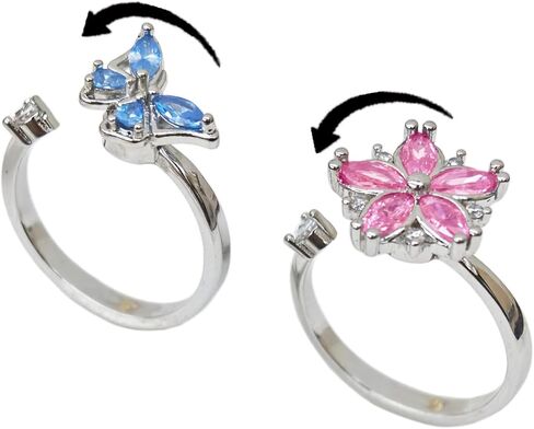 Anti-Anxiety Fidget Spinner Rings, 2PCS 18K Gold Plated Copper CZ Couple Matching Promise Rings, Blue Butterfly and Light Pink Cherry Blossom Shapes, Adjustable Opening in Saudi Arabia