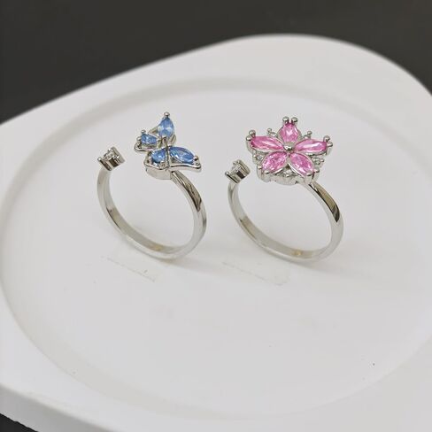 Anti-Anxiety Fidget Spinner Rings, 2PCS 18K Gold Plated Copper CZ Couple Matching Promise Rings, Blue Butterfly and Light Pink Cherry Blossom Shapes, Adjustable Opening in Saudi Arabia