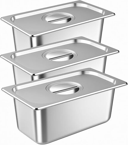 3 Pack Hotel Pans with Lids, 1/3 Size x 6 Inch Deep Steam Table Pan, Commercial Stainless Steel Hotel Pan Restaurant Supplies Tray Square Steam Table Half Pans for Chafing Dishes, Buffet, Home, Party in Kuwait